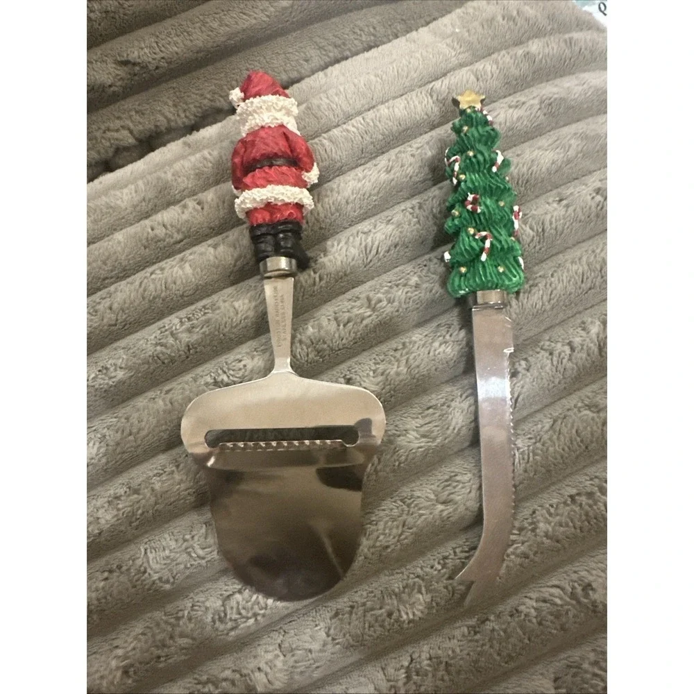 Vintage Santa Christmas Tree STAINLESS KNIFE‎ & CHEESE SLICER Boston Warehouse